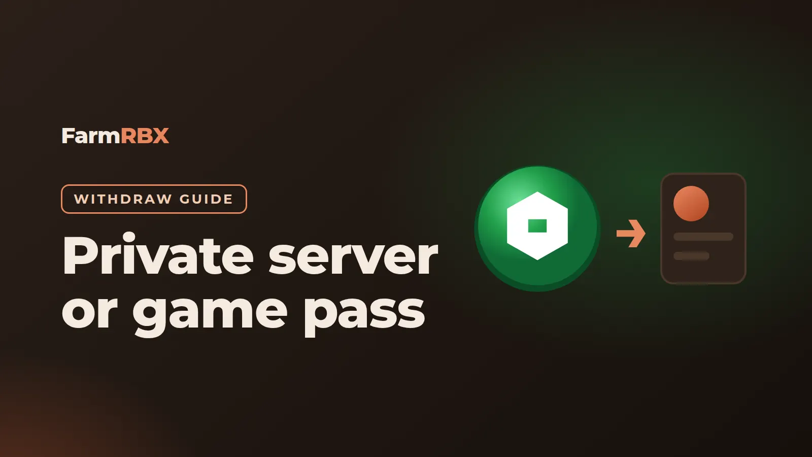 Robux coin moving from a FarmRBX balance to a Roblox account, withdrawal guide cover